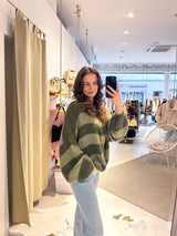 Oversized Strickpullover Gestreift Olive