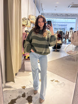 Oversized Strickpullover Gestreift Olive