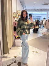 Oversized Strickpullover Gestreift Olive