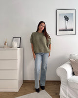 Kurzarm Oversized Strickpullover Olive