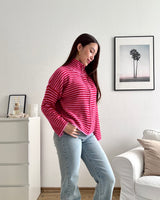 Strickjacke mit Zipper fein gestreift Pink/Rot