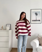 Longsleeve New York mit Streifen Weinrot/Weiß