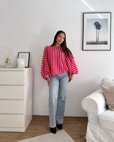 Ballon Strickpullover mit Streifen Rosa/Rot