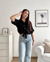 Cropped Bluse mit Muster Schwarz