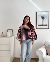 Ballon Strickpullover mit Streifen Braun/Rosa