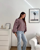 Ballon Strickpullover mit Streifen Braun/Rosa