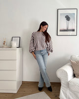 Ballon Strickpullover mit Streifen Hellbraun/Hellrosa