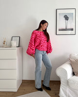 Ballon Strickpullover mit Leomuster Pink/Rot
