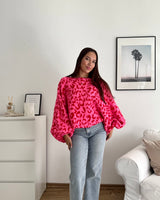 Ballon Strickpullover mit Leomuster Pink/Rot