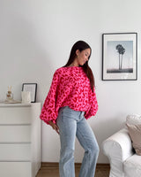 Ballon Strickpullover mit Leomuster Pink/Rot