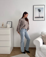 Ballon Strickpullover mit Leomuster Taupe/Hellbraun