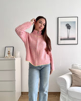 Strickjacke mit Zipper fein gestreift Gelb/Rosa