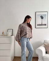 Ballon Strickpullover mit Leomuster Taupe/Hellbraun