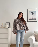 Ballon Strickpullover mit Leomuster Hellbraun/Beige