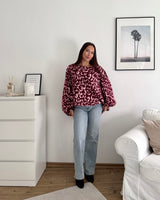 Ballon Strickpullover mit Leomuster Weinrot/Rosa