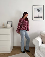 Ballon Strickpullover mit Leomuster Weinrot/Rosa