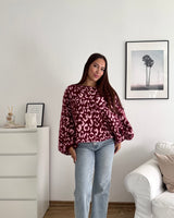 Ballon Strickpullover mit Leomuster Weinrot/Rosa