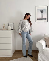 Ballon Strickpullover mit Leomuster Hellgrau/Grau