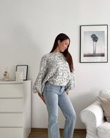 Ballon Strickpullover mit Leomuster Hellgrau/Grau