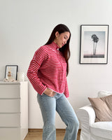 Strickjacke mit Zipper fein gestreift Rosa/Rot