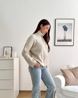 Strickjacke mit Zipper fein gestreift Beige/Taupe