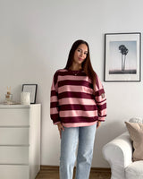 Sweater mit Patch und Streifen Weinrot/Rosa