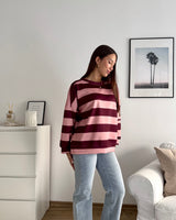 Sweater mit Patch und Streifen Weinrot/Rosa