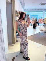 Plissee Jumpsuit mit Leomuster Camel