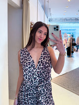 Plissee Jumpsuit mit Leomuster Beige