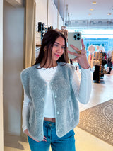 Kurze Teddy Weste mit Knopfleiste Hellgrau