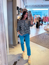 Waffle Bluse mit Schleifen und Leomuster Beige