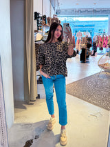 Waffle Bluse mit Schleifen und Leomuster Camel