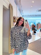 Kurze Waffle Bluse mit Leomuster Beige