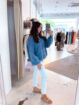 Kurze Oversized Strickjacke Taubenblau