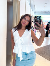 Waffle Top mit Schleife Weiß