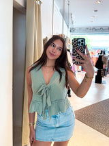 Waffle Top mit Schleife Olive