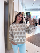 Oversized Strickpullover mit großen Herzen Taupe