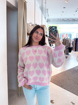 Oversized Strickpullover mit großen Herzen Rosa