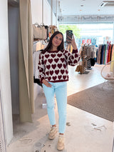 Oversized Strickpullover mit großen Herzen Weinrot