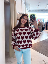 Oversized Strickpullover mit großen Herzen Weinrot