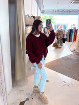 Kurze Oversized Strickjacke mit Schleifen Weinrot