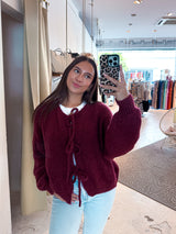 Kurze Oversized Strickjacke mit Schleifen Weinrot