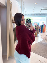 Kurze Oversized Strickjacke Weinrot