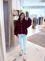 Kurze Oversized Strickjacke Weinrot