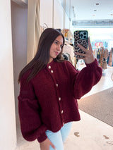 Kurze Oversized Strickjacke Weinrot