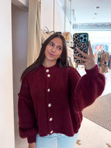 Kurze Oversized Strickjacke Weinrot
