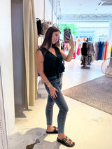 Waffle Top mit Schleife Schwarz