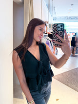 Waffle Top mit Schleife Schwarz