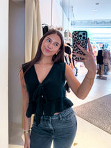 Waffle Top mit Schleife Schwarz