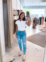 Mom Jeans Destroyed Blau